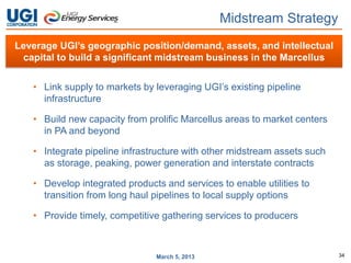 Midstream Strategy
Leverage UGI’s geographic position/demand, assets, and intellectual
 capital to build a significant midstream business in the Marcellus


   • Link supply to markets by leveraging UGI’s existing pipeline
     infrastructure

   • Build new capacity from prolific Marcellus areas to market centers
     in PA and beyond

   • Integrate pipeline infrastructure with other midstream assets such
     as storage, peaking, power generation and interstate contracts

   • Develop integrated products and services to enable utilities to
     transition from long haul pipelines to local supply options

   • Provide timely, competitive gathering services to producers



                               March 5, 2013                              34
 