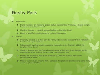 Bushy Park
   Attractions:
      Diana Fountain, an imposing golden statue representing Arethusa, a Greek nymph.
       Found at the southern end of…
      Chestnut Avenue – a grand avenue leading to Hampton Court
      Plenty of wildlife including herds of red and fallow deer
   History:
      Originally created as a deer park by Henry VIII when he took control of Hampton
       Court as his royal residence
      Subsequently evolved under successive monarchs, e.g., Charles I added the
       Longford River Canal
      Chestnut Avenue and the Diana Fountain were added later, from designs by Sir
       Christopher Wren, to form the entrance to Hampton Court
      Hosted the pre-World War II folk tradition of Chestnut Sunday which was
       resurrected in 1993
      Military uses include a World War I Canadian hospital and Eisenhower’s camp from
       which he planned D-Day
 