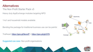 Heavy duty AppExchange modules targeting NPO
1-to1 and household models available
Bending the package for traditional business use can be painful
Trailhead: https://goo.gl/9evorP + https://goo.gl/gjU37S
Suggested use case: Non profit organisations
The Non Profit Starter Pack v3
Alternatives
Account
Contact
Opportunity
Campaign
Case
Lead
 