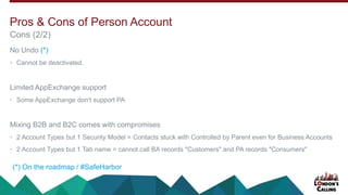 No Undo (*)
• Cannot be deactivated.
Limited AppExchange support
• Some AppExchange don't support PA
Mixing B2B and B2C comes with compromises
• 2 Account Types but 1 Security Model = Contacts stuck with Controlled by Parent even for Business Accounts
• 2 Account Types but 1 Tab name = cannot call BA records "Customers" and PA records "Consumers"
Cons (2/2)
Pros & Cons of Person Account
(*) On the roadmap / #SafeHarbor
 