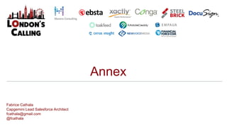 Annex
Fabrice Cathala
Capgemini Lead Salesforce Architect
fcathala@gmail.com
@fcathala
 