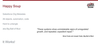 Salesforce Org Metadata
All objects, automation, code
Hard to untangle
aka Big Ball of Mud
Happy Soup
It Works!
"These systems show unmistakable signs of unregulated
growth, and repeated, expedient repair."
Brian Foote and Joseph Yoder, Big Ball of Mud.
 