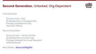 First Generation
Source of truth = Org
All development in Packaging Org
Package uploaded from Org
Teamwork difficult
Second Generation
Source of truth = Version Control
All development in scratch orgs
Package uploaded from local filesystem
SFDX teamwork
More Details - sforce.co/2NgzEfw
Second Generation, Unlocked, Org-Dependent
 