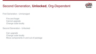First Generation - Unmanaged
Fire and forget
Cannot upgrade
Change code locally
Second Generation - Unlocked
Can upgrade
Change code locally
Move components in and out of package
Second Generation, Unlocked, Org-Dependent
 