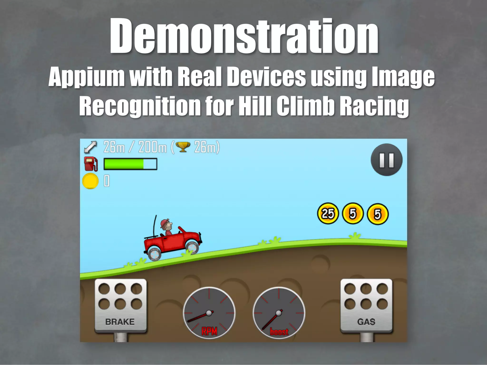 Demonstration
Appium with Real Devices using Image
Recognition for Hill Climb Racing
 