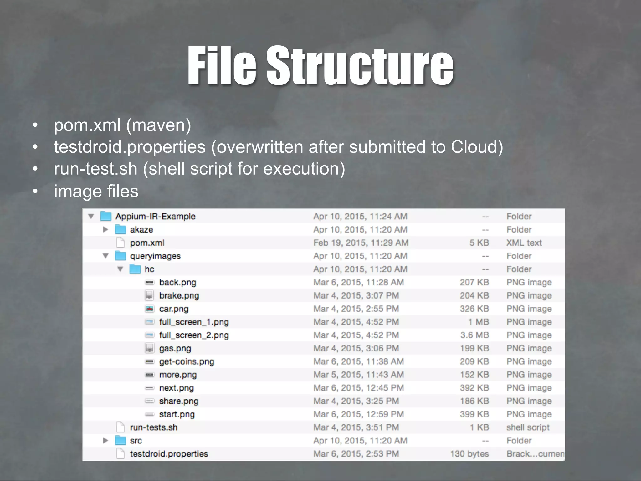 File Structure
•  pom.xml (maven)
•  testdroid.properties (overwritten after submitted to Cloud)
•  run-test.sh (shell script for execution)
•  image files
 