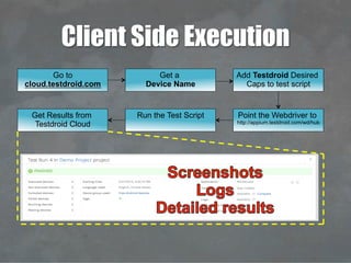 Client Side Execution
Run the Test ScriptGet Results from
Testdroid Cloud
Point the Webdriver to
http://appium.testdroid.com/wd/hub
Add Testdroid Desired
Caps to test script
Get a
Device Name
Go to
cloud.testdroid.com
 