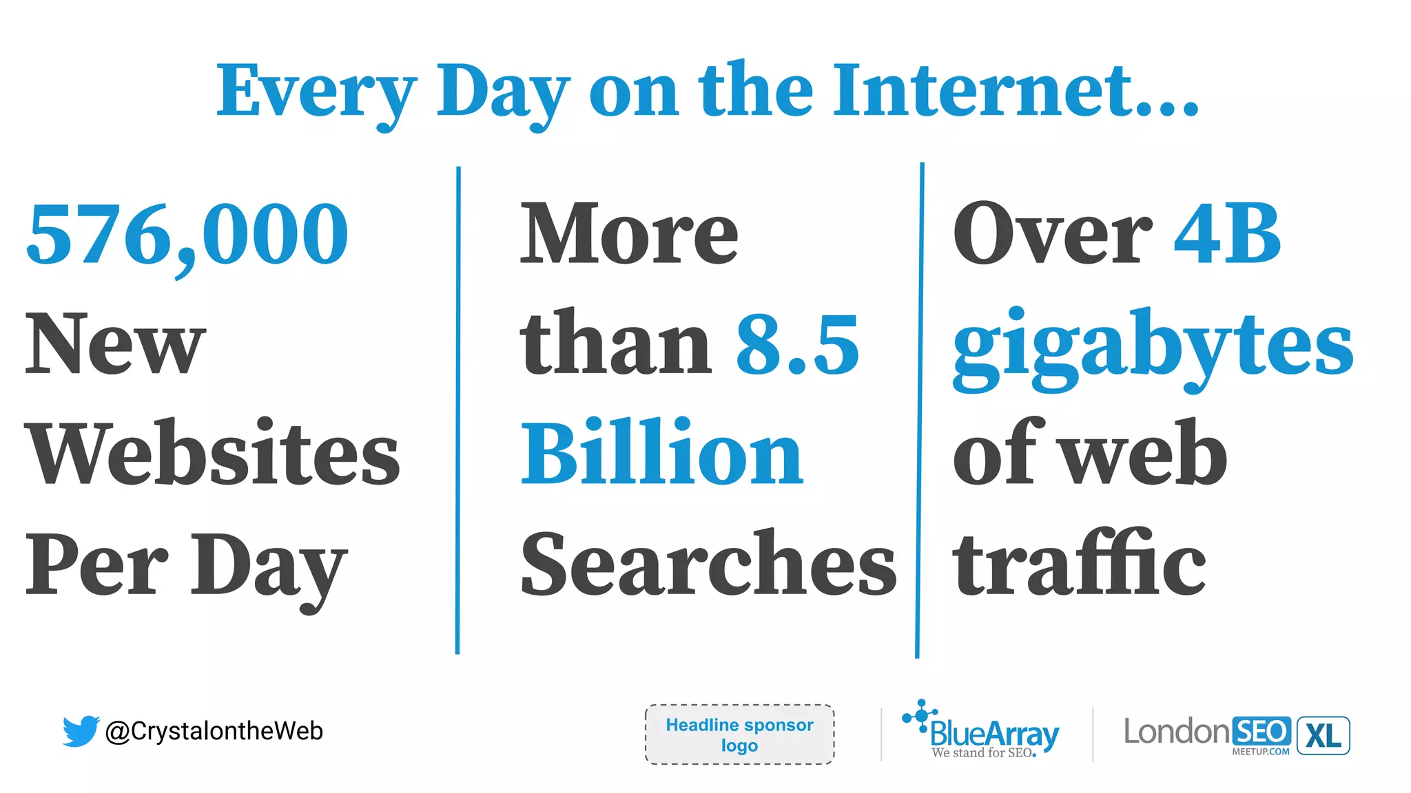 Headline sponsor
logo
@CrystalontheWeb
576,000
New
Websites
Per Day
More
than 8.5
Billion
Searches
Over 4B
gigabytes
of web
traﬃc
Every Day on the Internet…
 