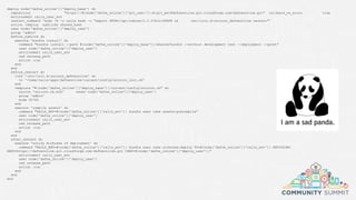 deploy node['dafne_online']['deploy_base'] do
repository "https://#{node['dafne_online']['git_user']}:#{git_pw}@dafneonline.git.cloudforge.com/dafneonline.git" rollback_on_error true
environment rails_user_env
restart_command 'sudo -H -u rails bash -c "export PATH=/opt/rubies/2.2.3/bin:$PATH && /etc/init.d/unicorn_dafneonline restart"’
action :deploy symlinks shared_hash
user node['dafne_online']['deploy_user']
group 'admin’
before_symlink do
execute 'bundle install' do
command "bundle install --path #{node['dafne_online']['deploy_base']}/shared/bundle --without development test --deployment --quiet”
user node['dafne_online']['deploy_user']
environment rails_user_env
cwd release_path
action :run
end
end
before_restart do
link '/etc/init.d/unicorn_dafneonline' do
to '/home/rails/apps/dafneonline/current/config/unicorn_init.sh’
end
template "#{node['dafne_online']['deploy_base']}/current/config/unicorn.rb" do
source 'unicorn.rb.erb' owner node['dafne_online']['deploy_user']
group 'admin’
mode 00744
end
execute 'compile assets' do
command "RAILS_ENV=#{node['dafne_online']['rails_env']} bundle exec rake assets:precompile”
user node['dafne_online']['deploy_user']
environment rails_user_env
cwd release_path
action :run
end
end
after_restart do
execute 'notify Airbrake of deployment' do
command "RAILS_ENV=#{node['dafne_online']['rails_env']} bundle exec rake airbrake:deploy TO=#{node['dafne_online']['rails_env']} REVISION=
REPO=https://dafneonline.git.cloudforge.com/dafneonline.git USER=#{node['dafne_online']['deploy_user']}”
environment rails_user_env
user node['dafne_online']['deploy_user']
cwd release_path
action :run
end
end
end
 