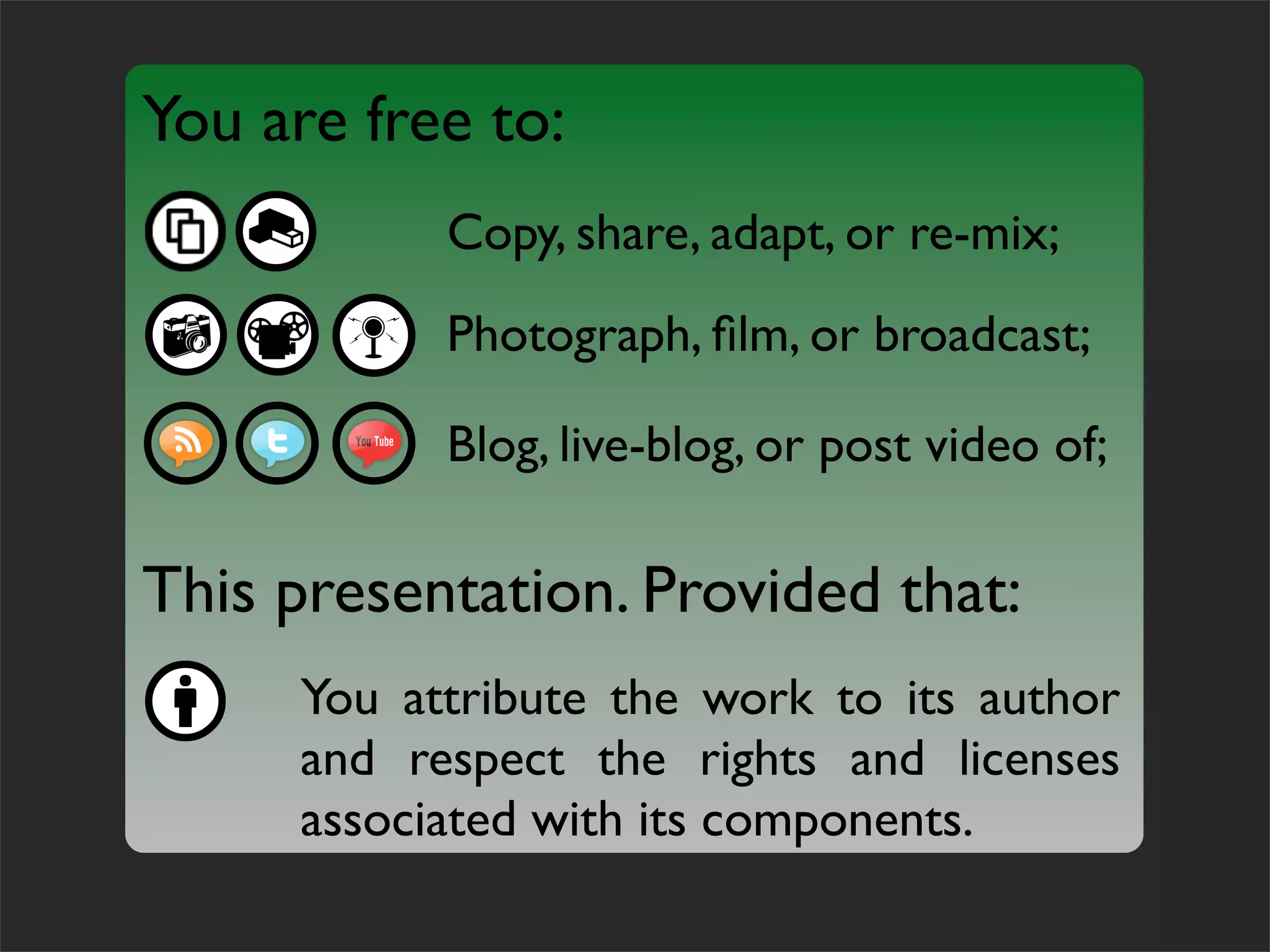 You are free to:
           Copy, share, adapt, or re-mix;
           Photograph, ﬁlm, or broadcast;

           Blog, live-blog, or post video of;

This presentation. Provided that:
     You attribute the work to its author
     and respect the rights and licenses
     associated with its components.
 
