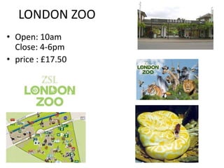 LONDON ZOO
• Open: 10am
Close: 4-6pm
• price : £17.50
 