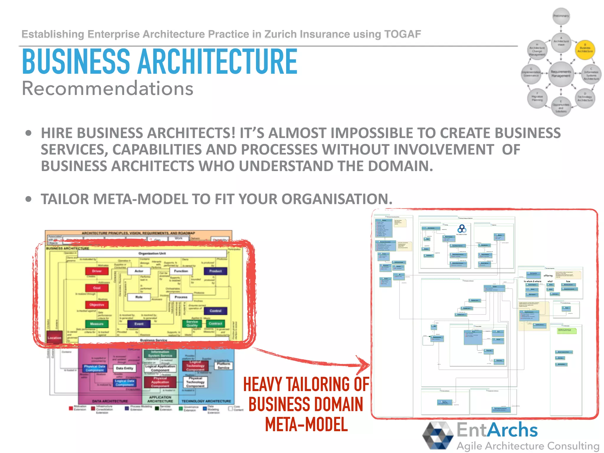How to establish Enterprise Architecture in large organisations using TOGAF
INFORMATION SYSTEM ARCHITECTURE
• IDENTIFY	ARCHITECTURE	&	SOLUTION	BUILDING	BLOCKS	IN	YOUR	
APPLICATION	DOMAIN.	FIRST	FOCUS	ON	THOSE	APPLICATIONS	&	DATA	THAT	
DELIVER	CRITICAL	BUSINESS	CAPABILITIES.		
• CATEGORISE	THEM	PER	SYSTEMS	OF	RECORD,	ENGAGEMENT,	UTILITY	AND	
INSIGHT.	USE	AGILITY	QUADRANT	TO	DETERMINE	BUSINESS	AND	
TECHNOLOGY	AGILITY.		
EntArchs
Agile Architecture Consulting
Recommendations
See EntArchs Agility Quadrant
for the detailed explanation of
the diagram.
 