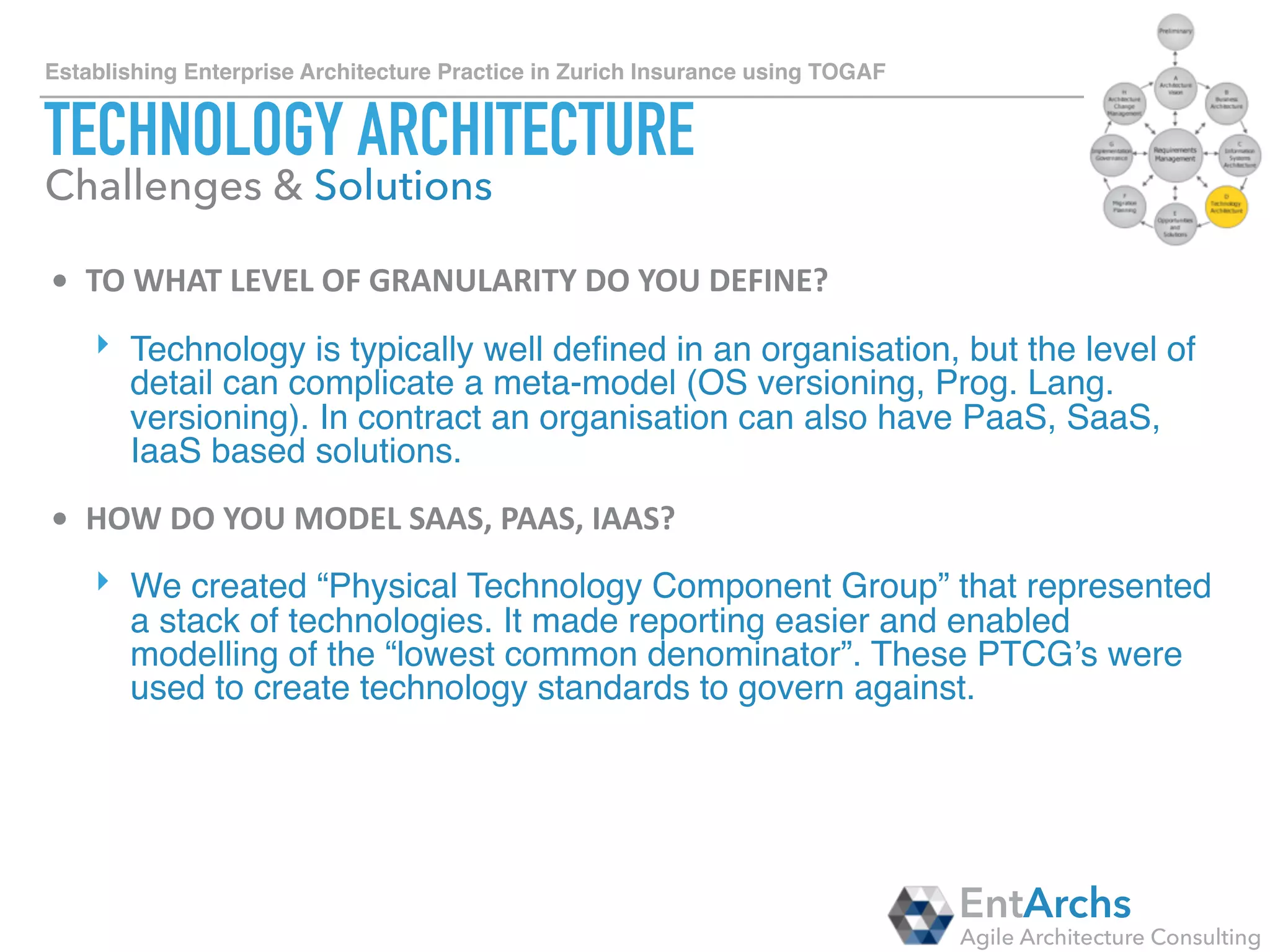 How to establish Enterprise Architecture in large organisations using TOGAF
OPPORTUNITIES & SOLUTIONS
EntArchs
Agile Architecture Consulting
An example of Architecture Repository composed of internal tools
using EntArchs dashboard.
• REUSE	INTERNAL	TOOLS	IN	YOUR	
ORGANISATION.		
• ENTARCHS	BUILT	THEIR	OWN	
DASHBOARD	(AS	THE	PICTURE	ON	
THE	RIGHT	SHOWS)	ON	TOP	OF	ALL	
OF	THOSE	INTERNAL	TOOLS	TO	BE	
AS	SIMPLE	AND	USABLE	FOR	YOUR	
STAKEHOLDERS	AS	POSSIBLE.		
• DON’T	ADD	ANY	NEW	BUSINESS	
LOGIC	BUT	INTEGRATE	WITH	THE	
BACKEND	SYSTEMS	VIA	REST	API’S	
OR	SIMILAR	PROTOCOL.	
• CONTACT	ENTARCHS	FOR	
INSTRUCTIONS	ON	HOW	TO	USE	
THIS	OPEN-SOURCE	SOLUTION	FOR	
YOUR	NEEDS.
 