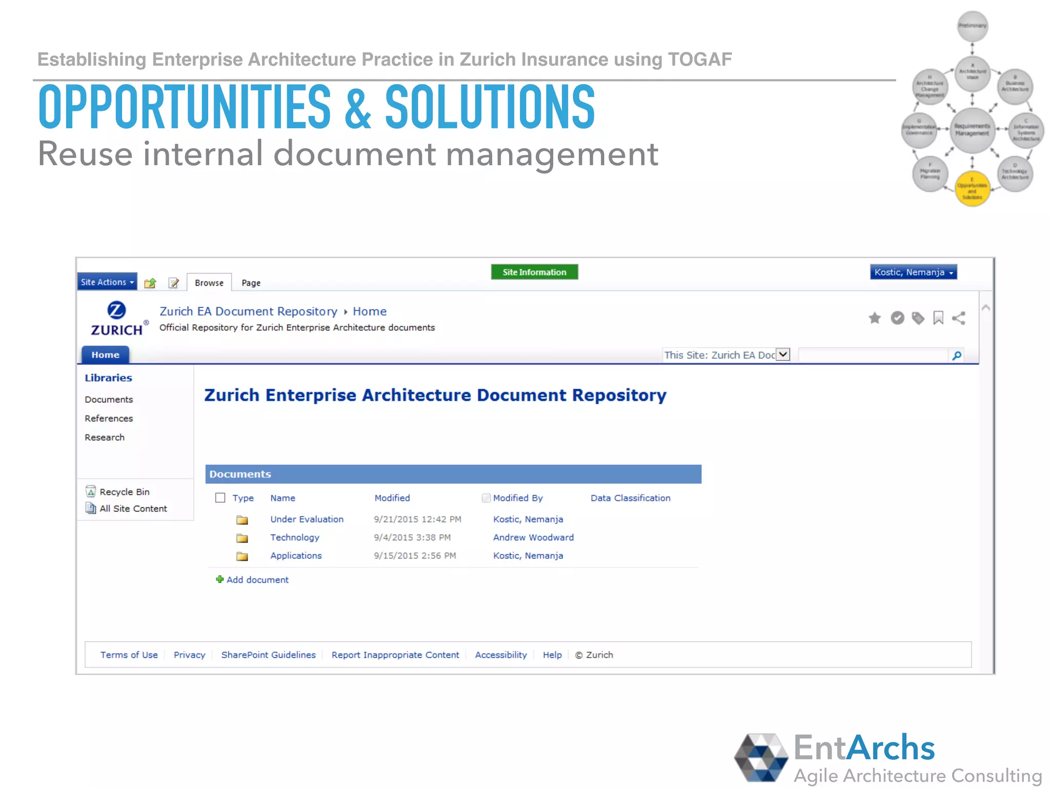 How to establish Enterprise Architecture in large organisations using TOGAF
CHANGE MANAGEMENT
• MOST	CHANGES	WILL	COME	DURING	THE	MIGRATION	AND	IMPLEMENTATION	
PHASE.		
• MOST	CHANGES	WILL	REQUIRE	META-MODEL	MODIFICATIONS.	NEW	ENTITIES,	
ATTRIBUTES	AND	RELATIONSHIPS	WILL	BE	REQUESTED.	BEING	ABLE	TO	EXTEND	
META-MODEL	BY	YOURSELF	(WITHOUT	INVOLVING	A	VENDOR)	IS	CRUCIAL!		
• START	WITH	THE	MINIMAL	SET	OF	ENTITIES	AND	ATTRIBUTES	IN	YOUR	META-
MODEL	AND	LET	IT	GROW.	IT’S	EASIER	TO	ADD	NEW	THINGS	IN	THE	META-
MODEL	THAN	TO	TAKE	IT	OUT	LATER	ON.		
• REPORTS	WILL	REQUIRE	LOTS	OF	CHANGES	AS	WELL.	DIFFERENT	
STAKEHOLDERS	HAVE	DIFFERENT	VIEWPOINTS	AND	WILL	REQUEST	DIFFERENT	
REPORTS	(VIEWS).		
• USE	INTERNAL	COLLABORATION	TOOLS	TO	CAPTURE	THE	CHANGE	REQUESTS.	
USE	FORUM	FUNCTIONALITY	TO	GIVE	USERS	POSSIBILITY	TO	DISCUSS	THE	
CHANGE.	
EntArchs
Agile Architecture Consulting
Recommendations
 