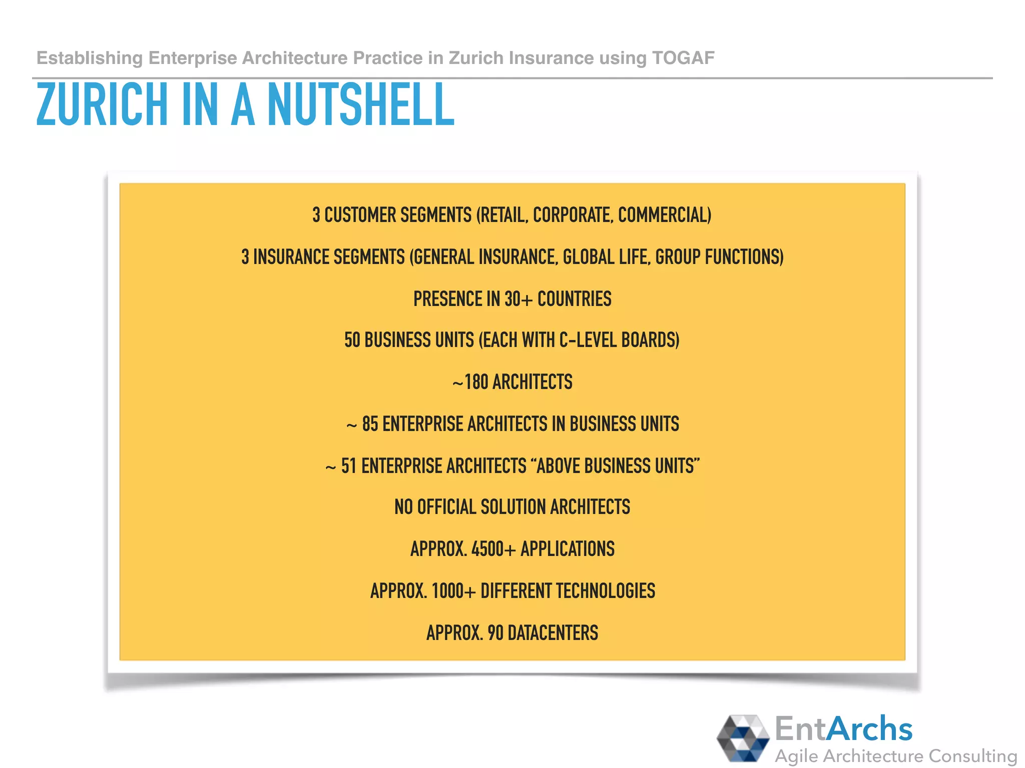 How to establish Enterprise Architecture in large organisations using TOGAF
GARTNER’S ENTERPRISE ARCHITECTURE MATURITY
EntArchs
Agile Architecture Consulting
Level 0:
None
Level 1: Initial Level 2:
Under
Development
Level 3: Defined Level 4: Managed Level 5:
Nirvana
No enterprise
architecture to
speak of.
Processes are ad
hoc and localized.
Minimal, or implicit
linkage to business
strategies.
Limited
management team
awareness or
involvement in the
architecture
process.
No explicit
governance of
architectural
standards.
Basic enterprise
architecture process is
documented.
IT vision, principles,
business linkages,
Baseline, and Target
Architecture are
identified.
Architecture standards
exist, but not necessarily
linked to Target
Architecture.
Governance of a few
architectural standards.
The architecture is well
defined and
communicated to IT
staff and business
management. The
process is largely
followed.
Enterprise architecture
is integrated with
capital planning and
investment control.
Senior management
team aware of and
supportive of the
enterprise-wide
architecture
process. Management
actively supports
architectural standards.
Architecture documents
updated regularly.
Enterprise architecture
process is part of the culture.
Enterprise architecture
documentation is updated on
a regular cycle
Business, Data, Application,
and Technology
Architectures
defined by appropriate
standards.
Senior management team
directly involved in the
architecture review process.
Explicit governance of all IT
investments.
All planned IT acquisitions
and purchases are guided
and governed by the
enterprise
architecture.
2014 -> present present -> future
E.G. THIS TRANSITION USUALLY
TAKES 12 MONTHS
 