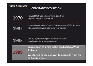 CONSTANT EVOLUTION

       Harvest that was en enormous boost for
1970   the Viña Ardanza trademark


       Plantation of most of the La Cuesta estate – Viña Ardanza
1982   (Cenicero) vineyard, started a year earlier



       Like 1970, this vintage of Viña Ardanza was
1985   hugely popular among consumers

       Suppression of white in the production of Viña
       Ardanza
1989   We started to use our own Tempranillo from the
       La Cuesta estate
 