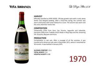 HARVEST
Officially classified as VERY GOOD. 195-day growth cycle with a cold, damp
winter and delayed budding. After a frost-free spring, the summer was
warm and humid, with some hailstorms in June. The autumn was warm and
the vines shed their leaves late.

COMPOSITION
Tempranillo (75%) from Haro, San Vicente, Laguardia and Labastida,
Garnacha (20%) from Tudelilla and El Redal in Rioja Baja and the remaining
5%: Graciano, Mazuelo and Viura.

PRODUCTION
Fermentation in oak vats. After a coupage of all the varieties, it was
transferred to American oak casks in December 1971, where it remained for
36 months. It was bottled in January 1975.


ALCOHOL CONTENT: 12.6
TOTAL ACIDITY: 5.9
VOLATILE ACIDITY: 0.80



                                                  1970
 