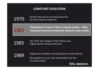 CONSTANT EVOLUTION

       Harvest that was en enormous boost for
1970   the Viña Ardanza trademark


       Plantation of most of the La Cuesta estate – Viña
1982   Ardanza (Cenicero) vineyard, started a year earlier


       Like 1970, this vintage of Viña Ardanza was
1985   hugely popular among consumers



       Suppression of white in the production of Viña Ardanza
1989   We started to use our own Tempranillo from the
       La Cuesta estate
 