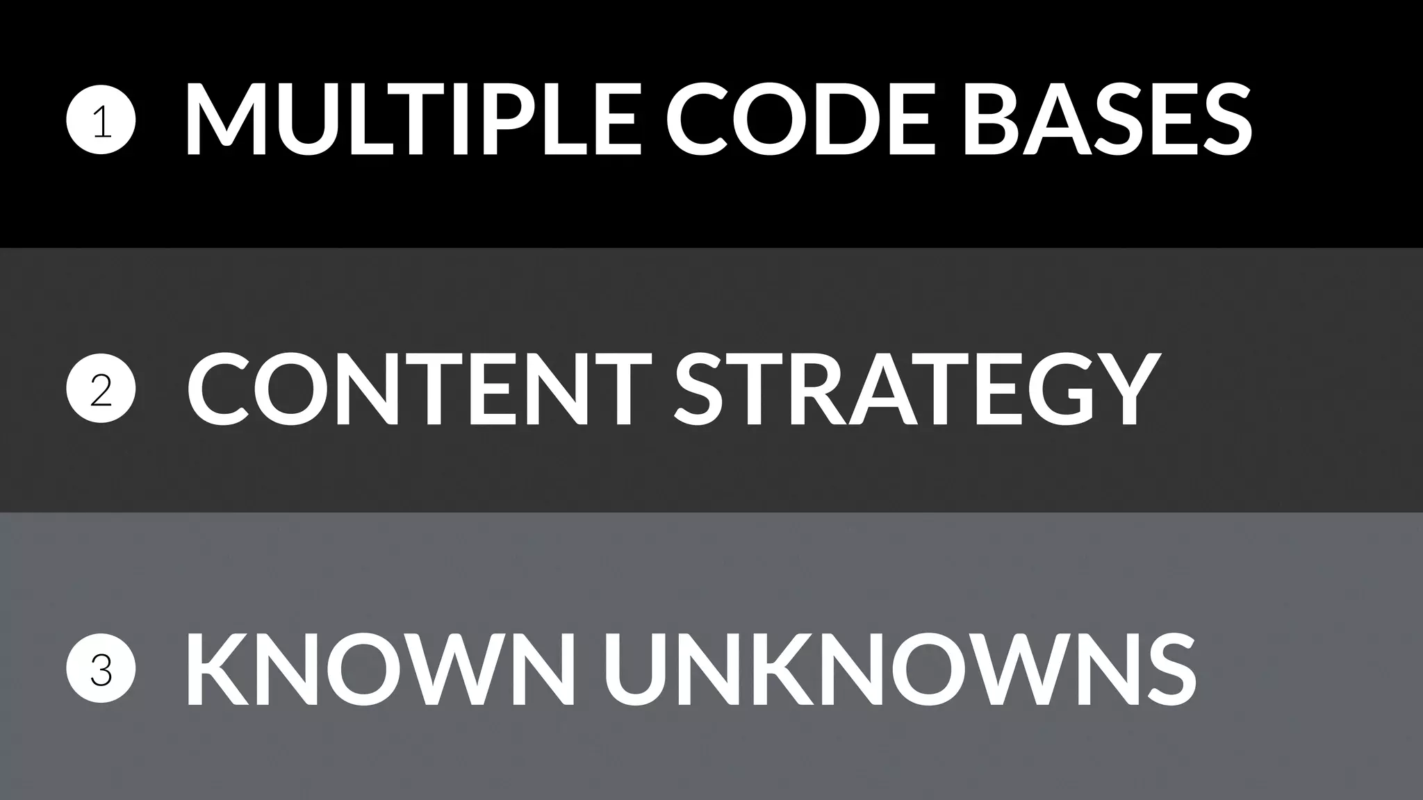 MULTIPLE CODE BASES1
CONTENT STRATEGY2
KNOWN UNKNOWNS3
 