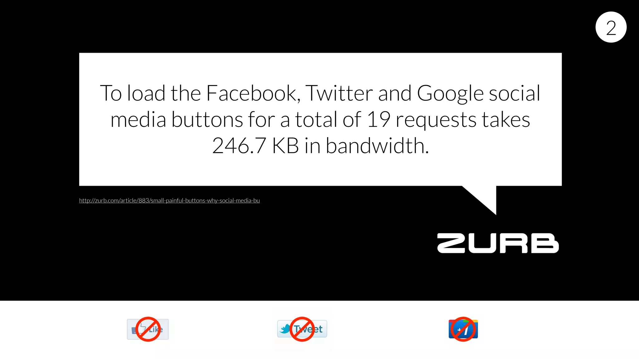 To load the Facebook, Twitter and Google social
media buttons for a total of 19 requests takes
246.7 KB in bandwidth.
http://zurb.com/article/883/small-painful-buttons-why-social-media-bu
2
 