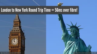 London to New York Round Trip Time = 56ms over fibre! 
https://www.flickr.com/photos/https://www.flickr.com/photos/lwr/6979975029 dpapworth/482125035 
 