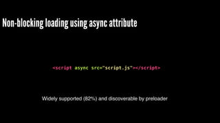 Non-blocking loading using async attribute 
! 
<script async src="script.js"></script> 
Widely supported (82%) and discoverable by preloader 
 