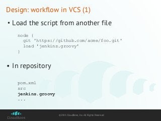 ©2015 CloudBees, Inc. All Rights Reserved
Design: workflow in VCS (1)
• Load the script from another file
• In repository
node {
git 'https://github.com/acme/foo.git'
load 'jenkins.groovy'
}
pom.xml
src
jenkins.groovy
...
 