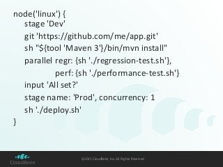 ©2015 CloudBees, Inc. All Rights Reserved
node('linux') {
stage 'Dev'
git 'https://github.com/me/app.git'
sh "${tool 'Maven 3'}/bin/mvn install"
parallel regr: {sh './regression-test.sh'},
perf: {sh './performance-test.sh'}
input 'All set?'
stage name: 'Prod', concurrency: 1
sh './deploy.sh'
}
 