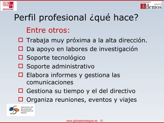 Perfil profesional ¿qué hace? Trabaja muy próxima a la alta dirección. Da apoyo en labores de investigación Soporte tecnológico Soporte administrativo Elabora informes y gestiona las comunicaciones Gestiona su tiempo y el del directivo Organiza reuniones, eventos y viajes Entre otros: 