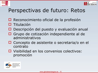 Perspectivas de futuro: Retos Reconocimiento oficial de la profesión Titulación Descripción del puesto y evaluación anual Grupo de cotización independiente al de administrativos  Concepto de asistente o secretaria/o en el contrato Visibilidad en los convenios colectivos: promoción  