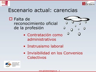 Escenario actual: carencias Falta de reconocimiento oficial de la profesión Contratación como administrativos  Instrusismo laboral Invisibilidad en los Convenios Colectivos 