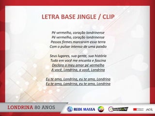 Pé vermelho, coração londrinense
Pé vermelho, coração londrinense
Passos firmes marcaram essa terra
Com o pulsar intenso de uma paixão
Seus lugares, sua gente, sua história
Tudo em você me encanta e fascina
Declaro o meu amor pé vermelho
A você, Londrina, a você, Londrina
Eu te amo, Londrina, eu te amo, Londrina
Eu te amo, Londrina, eu te amo, Londrina
LETRA BASE JINGLE / CLIP
 