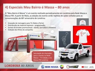 4) Especiais Meu Bairro é Massa – 80 anos
O “Meu Bairro é Massa” é um evento realizado periodicamente em Londrina pela Rede Massa e
Massa FM. A partir de Maio, as edições do evento serão repletas de ações voltadas para as
comemorações do 80o aniversário de Londrina:
 Gravação de mensagens para TV, Rádio e Portal;
 Distribuição de material impresso – programação;
 Sorteio de brindes promocionais – bonés, camisetas e chaveiros.
 Exibição dos filmes da campanha.
Veiculação de chamadas
para o evento na Rede
Massa – TV Cidade, e na
Massa FM Londrina
 
