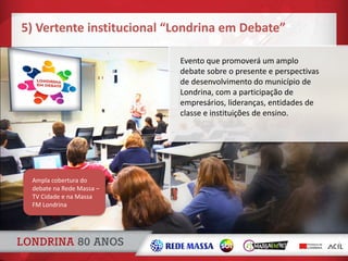 Evento que promoverá um amplo
debate sobre o presente e perspectivas
de desenvolvimento do município de
Londrina, com a participação de
empresários, lideranças, entidades de
classe e instituições de ensino.
5) Vertente institucional “Londrina em Debate”
Ampla cobertura do
debate na Rede Massa –
TV Cidade e na Massa
FM Londrina
 