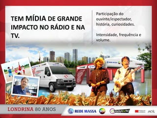TEM MÍDIA DE GRANDE
IMPACTO NO RÁDIO E NA
TV.
Participação do
ouvinte/espectador,
história, curiosidades.
Intensidade, frequência e
volume.
 