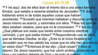 Lucas 24:13-35
13 Y he aquí, dos de ellos iban el mismo día a una aldea llamada
Emaús, que estaba a sesenta estadios de Jerusalén. 14 E iban
hablando entre sí de todas aquellas cosas que habían
acontecido. 15 Sucedió que mientras hablaban y discutían entre sí,
Jesús mismo se acercó, y caminaba con ellos. 16 Mas los ojos de
ellos estaban velados, para que no le conociesen. 17 Y les dijo:
¿Qué pláticas son estas que tenéis entre vosotros mientras
camináis, y por qué estáis tristes? 18 Respondiendo uno de ellos,
que se llamaba Cleofas, le dijo: ¿Eres tú el único forastero en
Jerusalén que no has sabido las cosas que en ella han acontecido
en estos días? 19 Entonces él les dijo: ¿Qué cosas? Y ellos le
dijeron: De Jesús nazareno, que fue varón profeta, poderoso en
 