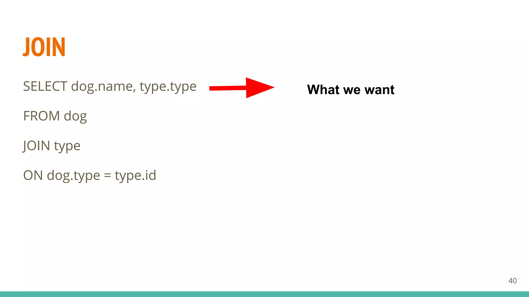 JOIN
SELECT dog.name, type.type
FROM dog
JOIN type
ON dog.type = type.id
40
What we want
 