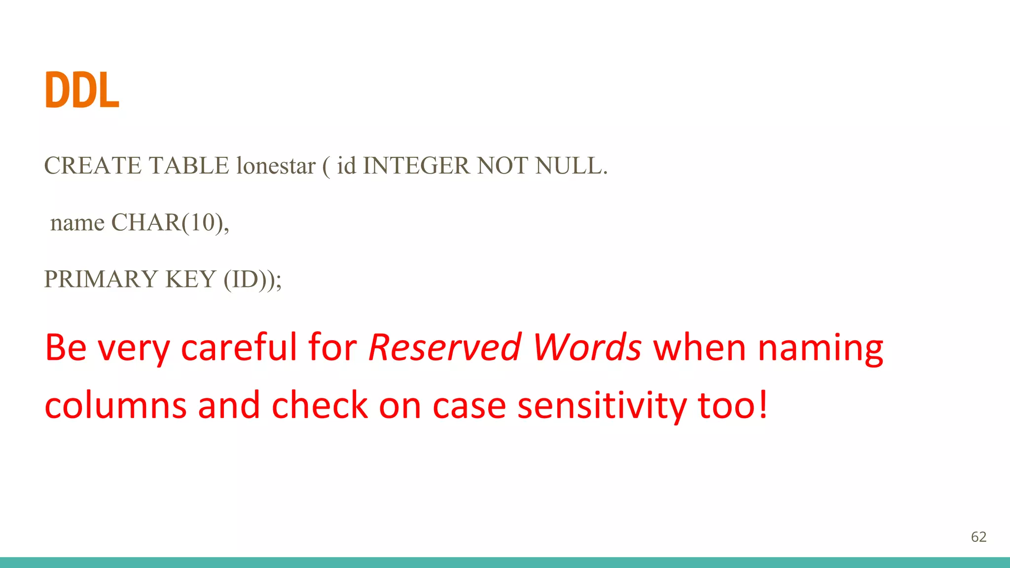 DDL
CREATE TABLE lonestar ( id INTEGER NOT NULL.
name CHAR(10),
PRIMARY KEY (ID));
Be very careful for Reserved Words when naming
columns and check on case sensitivity too!
62
 