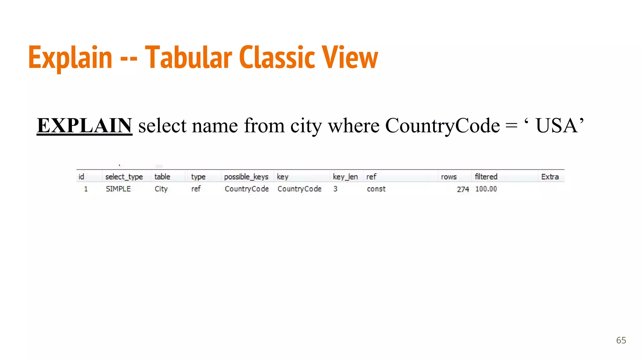 Explain -- Tabular Classic View
65
EXPLAIN select name from city where CountryCode = ‘ USA’
 