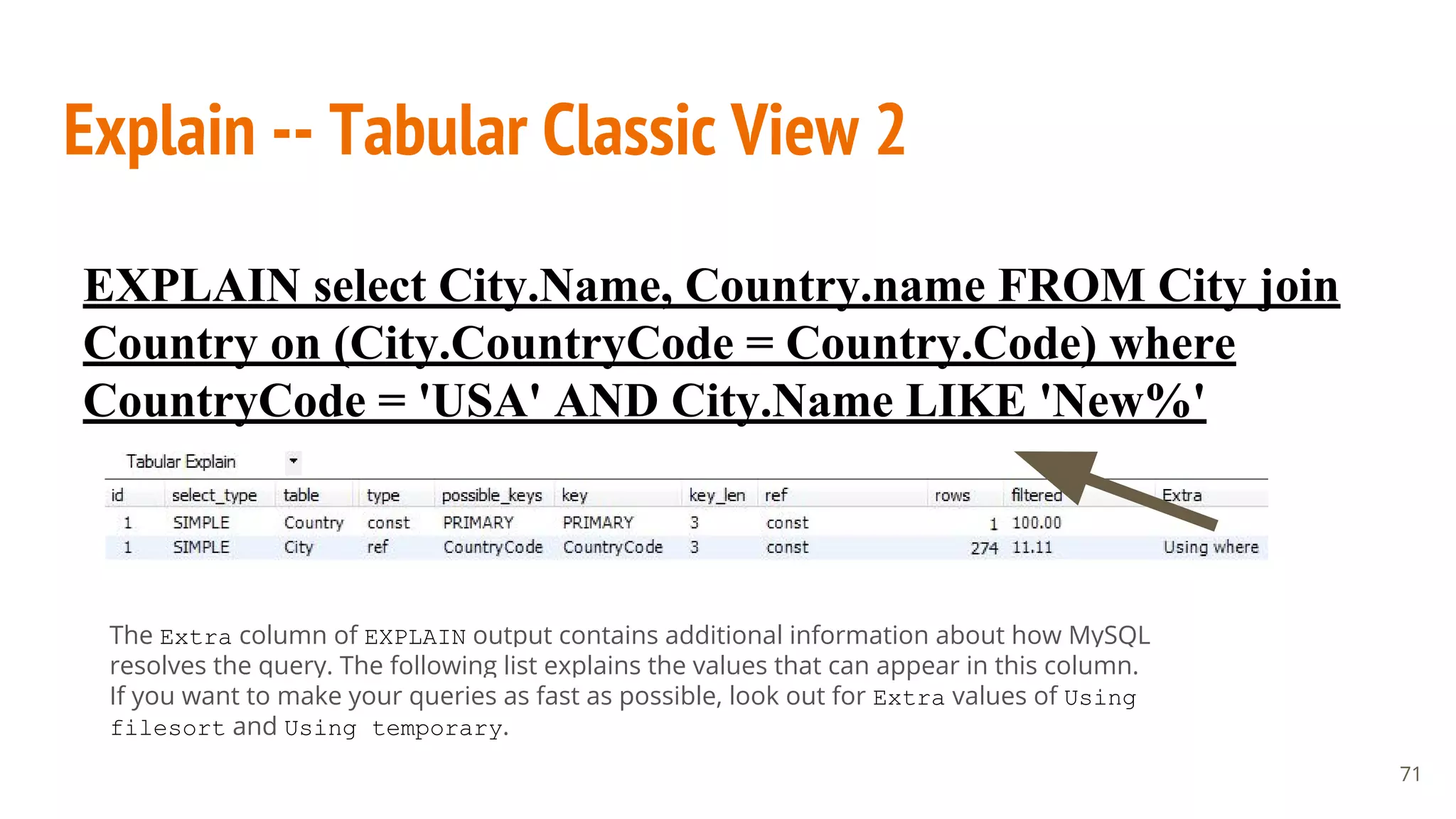 Explain -- Tabular Classic View 2
71
EXPLAIN select City.Name, Country.name FROM City join
Country on (City.CountryCode = Country.Code) where
CountryCode = 'USA' AND City.Name LIKE 'New%'
The Extra column of EXPLAIN output contains additional information about how MySQL
resolves the query. The following list explains the values that can appear in this column.
If you want to make your queries as fast as possible, look out for Extra values of Using
filesort and Using temporary.
 