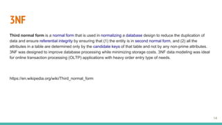 3NF
Third normal form is a normal form that is used in normalizing a database design to reduce the duplication of
data and ensure referential integrity by ensuring that (1) the entity is in second normal form, and (2) all the
attributes in a table are determined only by the candidate keys of that table and not by any non-prime attributes.
3NF was designed to improve database processing while minimizing storage costs. 3NF data modeling was ideal
for online transaction processing (OLTP) applications with heavy order entry type of needs.
https://en.wikipedia.org/wiki/Third_normal_form
14
 