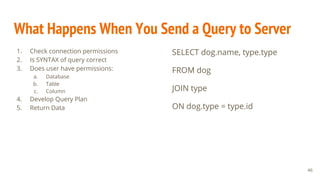 What Happens When You Send a Query to Server
1. Check connection permissions
2. Is SYNTAX of query correct
3. Does user have permissions:
a. Database
b. Table
c. Column
4. Develop Query Plan
5. Return Data
46
SELECT dog.name, type.type
FROM dog
JOIN type
ON dog.type = type.id
 
