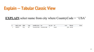 Explain -- Tabular Classic View
65
EXPLAIN select name from city where CountryCode = ‘ USA’
 