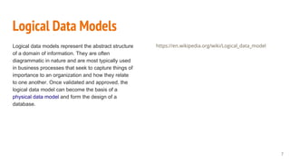 Logical Data Models
Logical data models represent the abstract structure
of a domain of information. They are often
diagrammatic in nature and are most typically used
in business processes that seek to capture things of
importance to an organization and how they relate
to one another. Once validated and approved, the
logical data model can become the basis of a
physical data model and form the design of a
database.
https://en.wikipedia.org/wiki/Logical_data_model
7
 