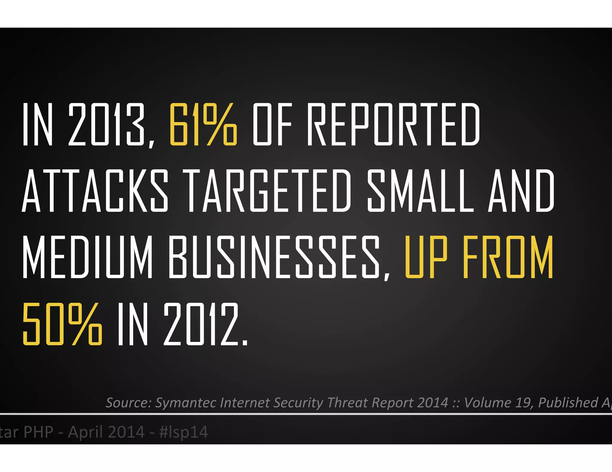 IN 2013, 61% OF REPORTED
ATTACKS TARGETED SMALL AND
MEDIUM BUSINESSES, UP FROM
50% IN 2012.
21	
  Lonestar	
  PHP	
  -­‐	
  April	
  2014	
  -­‐	
  #lsp14	
  
Source:	
  Symantec	
  Internet	
  Security	
  Threat	
  Report	
  2014	
  ::	
  Volume	
  19,	
  Published	
  April	
  2014	
  	
  
 