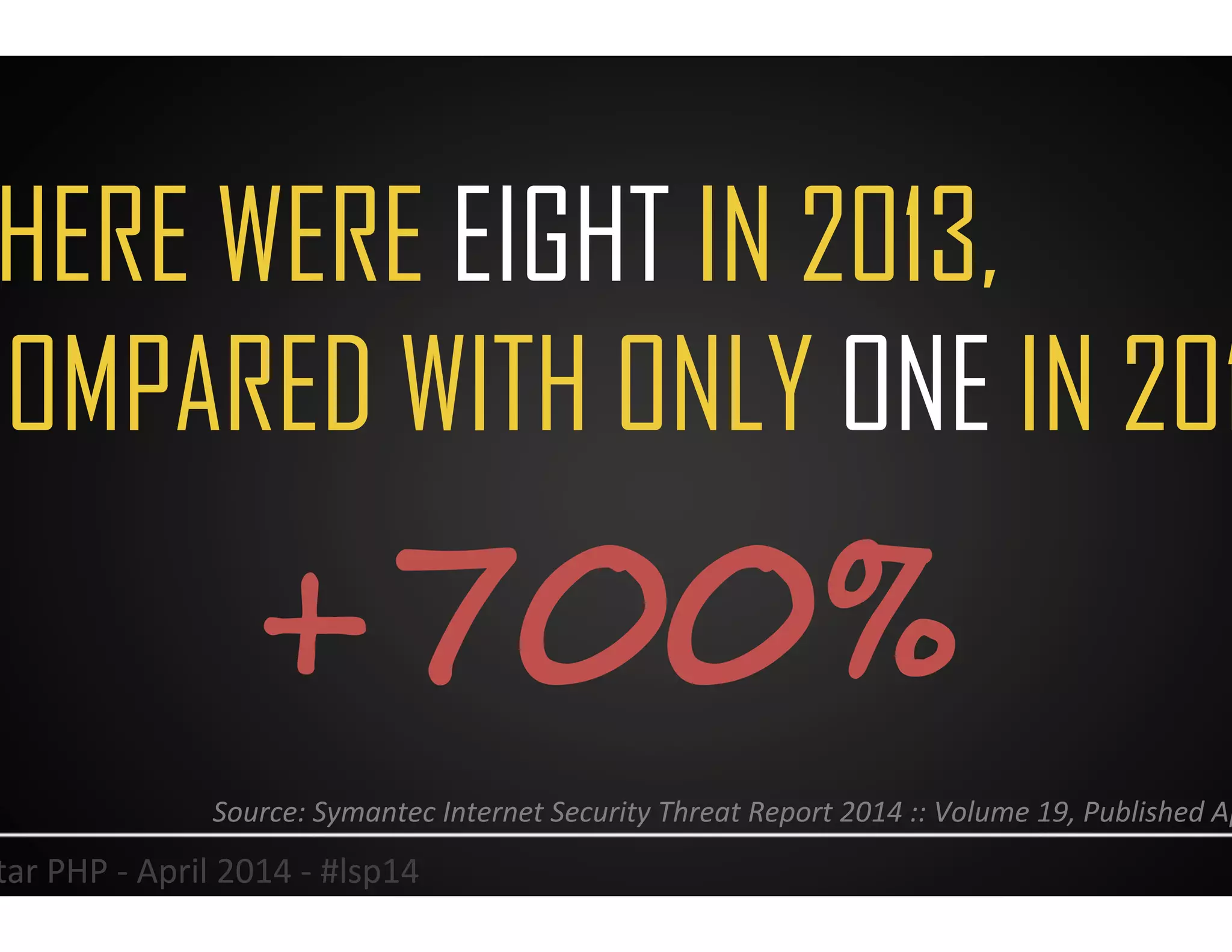 THERE WERE EIGHT IN 2013,
COMPARED WITH ONLY ONE IN 2012.
25	
  Lonestar	
  PHP	
  -­‐	
  April	
  2014	
  -­‐	
  #lsp14	
  
Source:	
  Symantec	
  Internet	
  Security	
  Threat	
  Report	
  2014	
  ::	
  Volume	
  19,	
  Published	
  April	
  2014	
  	
  
+700%
 