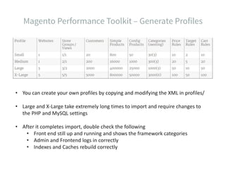 • You can create your own profiles by copying and modifying the XML in profiles/
• Large and X-Large take extremely long times to import and require changes to
the PHP and MySQL settings
• After it completes import, double check the following
• Front end still up and running and shows the framework categories
• Admin and Frontend logs in correctly
• Indexes and Caches rebuild correctly
 