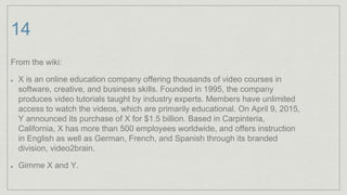 14
From the wiki:
X is an online education company offering thousands of video courses in
software, creative, and business skills. Founded in 1995, the company
produces video tutorials taught by industry experts. Members have unlimited
access to watch the videos, which are primarily educational. On April 9, 2015,
Y announced its purchase of X for $1.5 billion. Based in Carpinteria,
California, X has more than 500 employees worldwide, and offers instruction
in English as well as German, French, and Spanish through its branded
division, video2brain.
Gimme X and Y.
 