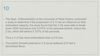 10
The Dept. of Biochemistry at the University of West Ontario conducted
a study to determine if the preparation of a X has an influence on their
antioxidant capacity; the study found that the Y-Xs were able to break
down H202 and leave only 0.072% of the peroxide behind, versus the
Z-Xs, which left behind 0.157% of the peroxide.
Thus a Y-X has more antioxidants than a Z-X one.
The author himself preferred a Y-X as he believed Z-X had a
diminished flavor.
 