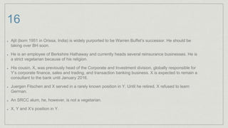 16
Ajit (born 1951 in Orissa, India) is widely purported to be Warren Buffet’s successor. He should be
taking over BH soon.
He is an employee of Berkshire Hathaway and currently heads several reinsurance businesses. He is
a strict vegetarian because of his religion.
His cousin, X, was previously head of the Corporate and Investment division, globally responsible for
Y’s corporate finance, sales and trading, and transaction banking business. X is expected to remain a
consultant to the bank until January 2016.
Juergen Fitschen and X served in a rarely known position in Y. Until he retired, X refused to learn
German.
An SRCC alum, he, however, is not a vegetarian.
X, Y and X’s position in Y.
 